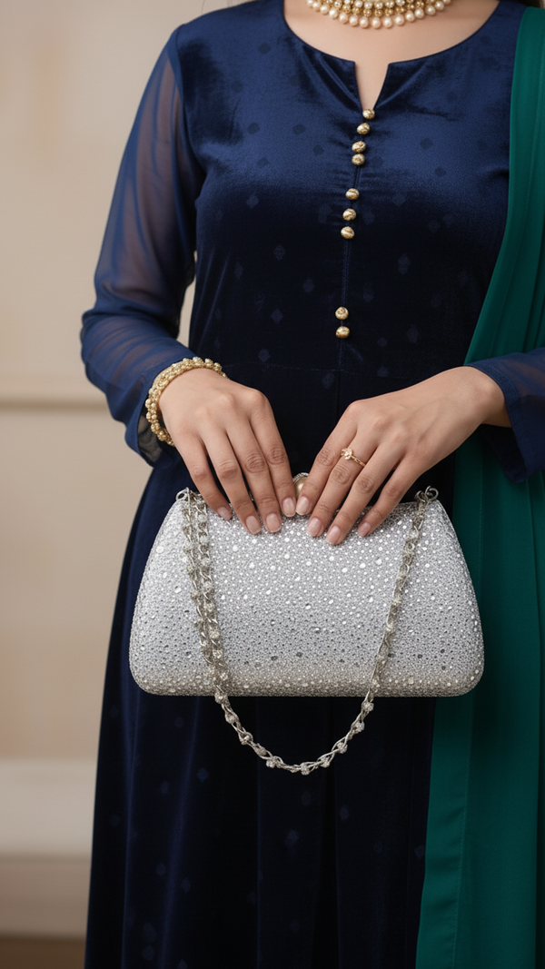 Silver Fancy Clutch For Women P24384