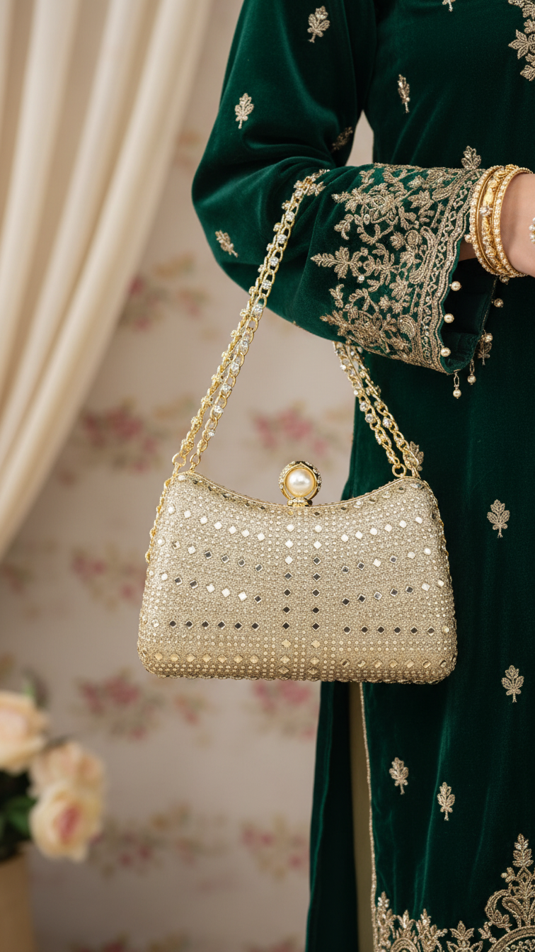 Golden Fancy Clutch For Ladies P24385