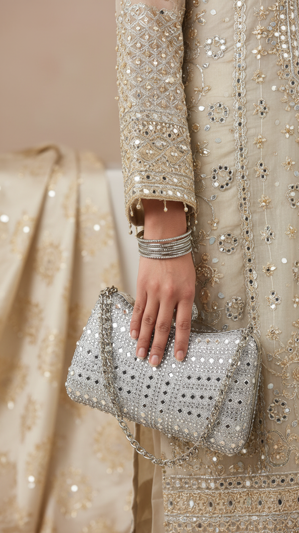 Silver Fancy Clutch For Ladies P24385