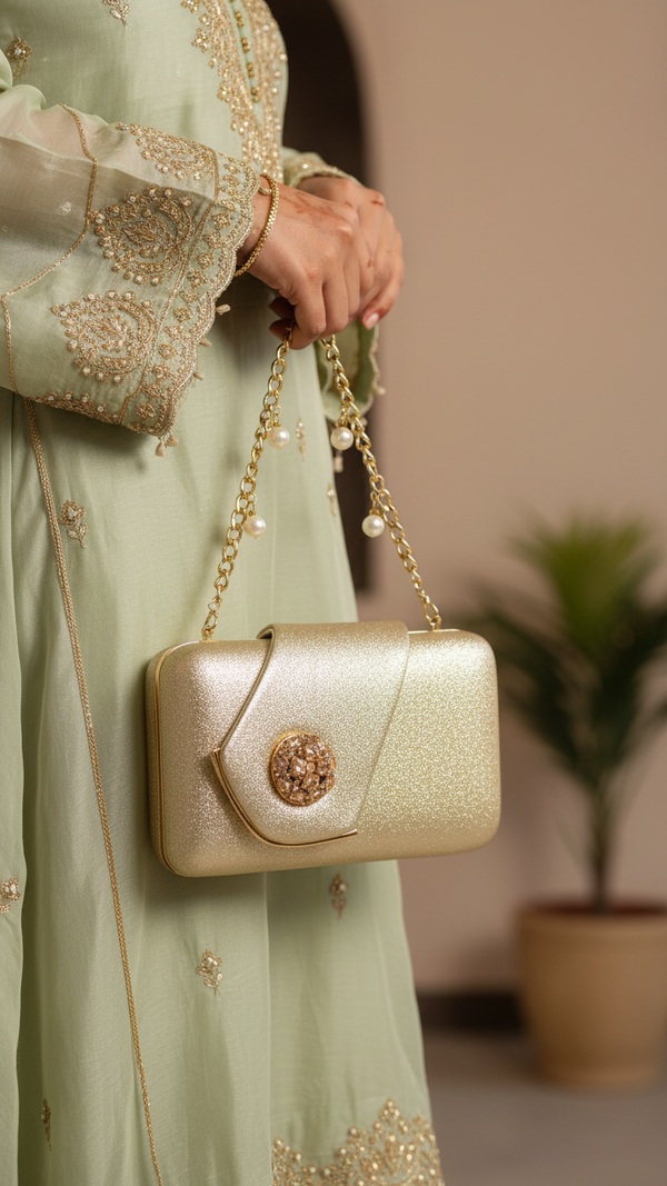 Golden Fancy Clutch For Ladies P24407