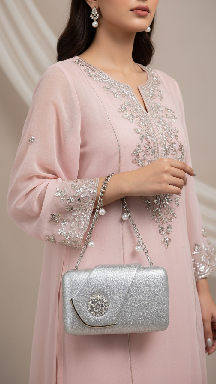 Silver Fancy Clutch For Ladies P24407