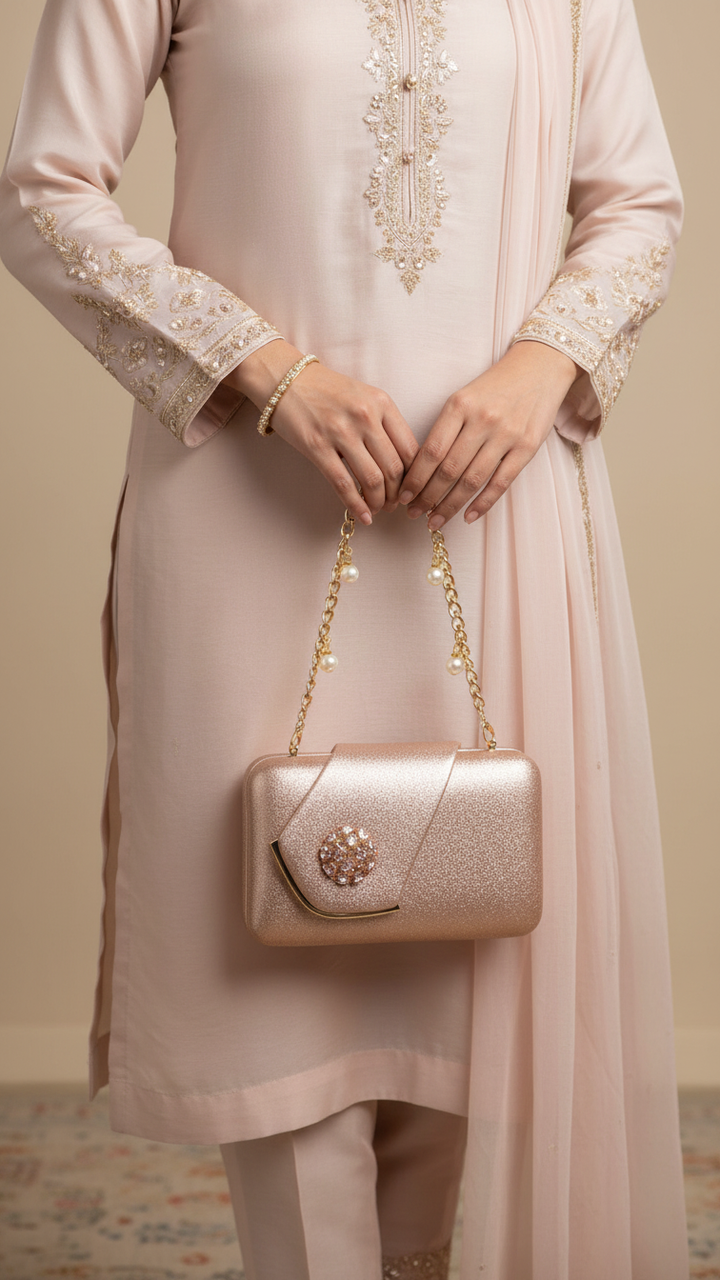 Champagne Fancy Clutch For Ladies P24407