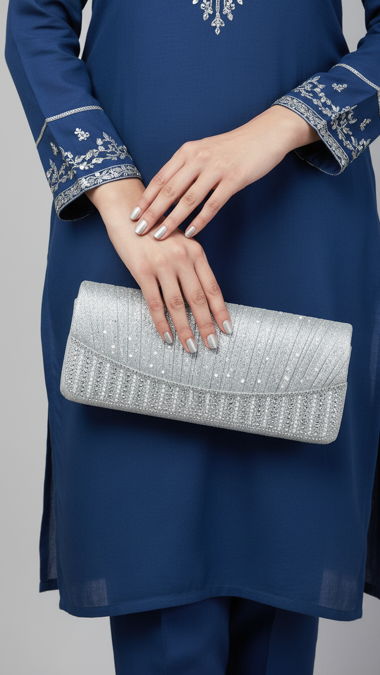 Silver Fancy Clutch For Ladies P24409