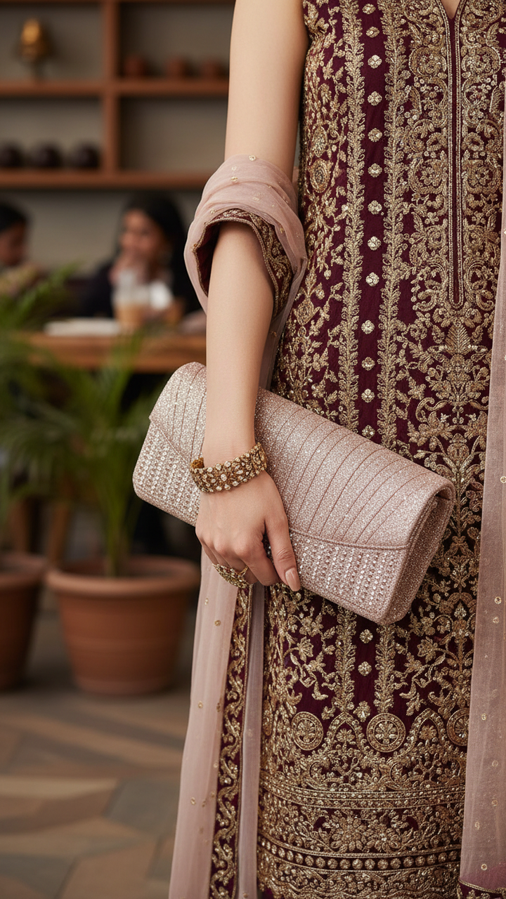 Champagne Fancy Clutch For Ladies P24409