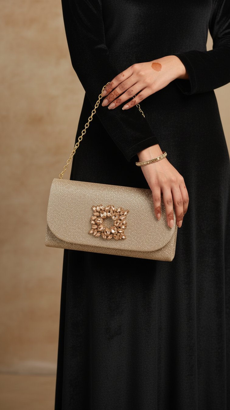 Champagne Fancy Clutch For Ladies P24415