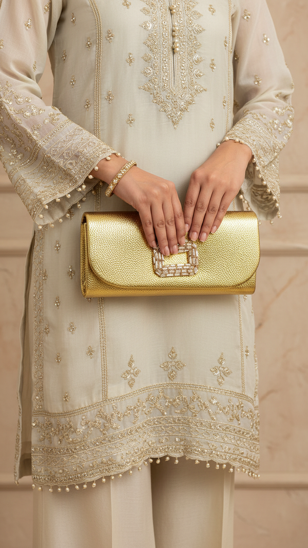 Golden Formal Clutch For Women P24416