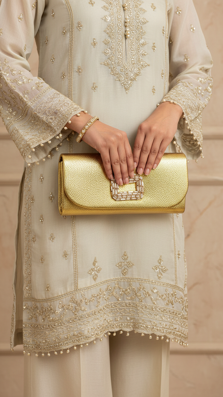 Golden Formal Clutch For Women P24416