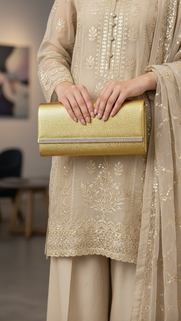 Golden Formal Clutch For Ladies P24417
