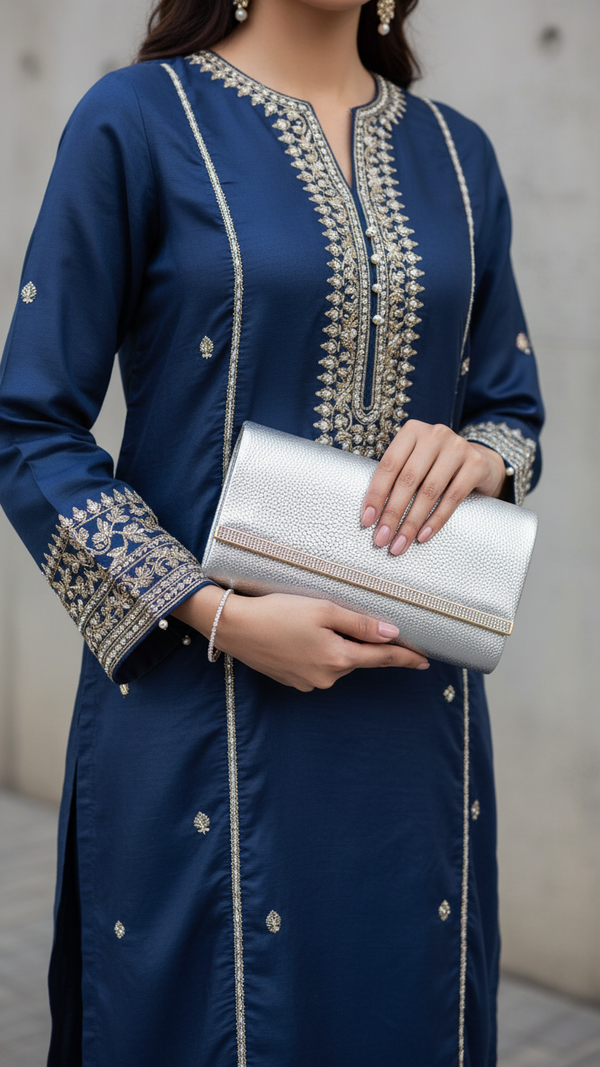 Silver Formal Clutch For Ladies P24417