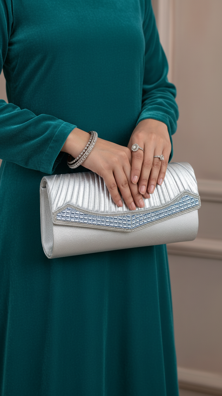 Silver Fancy Clutch For Women P24420