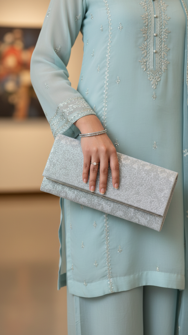 Silver Fancy Clutch For Women P24422