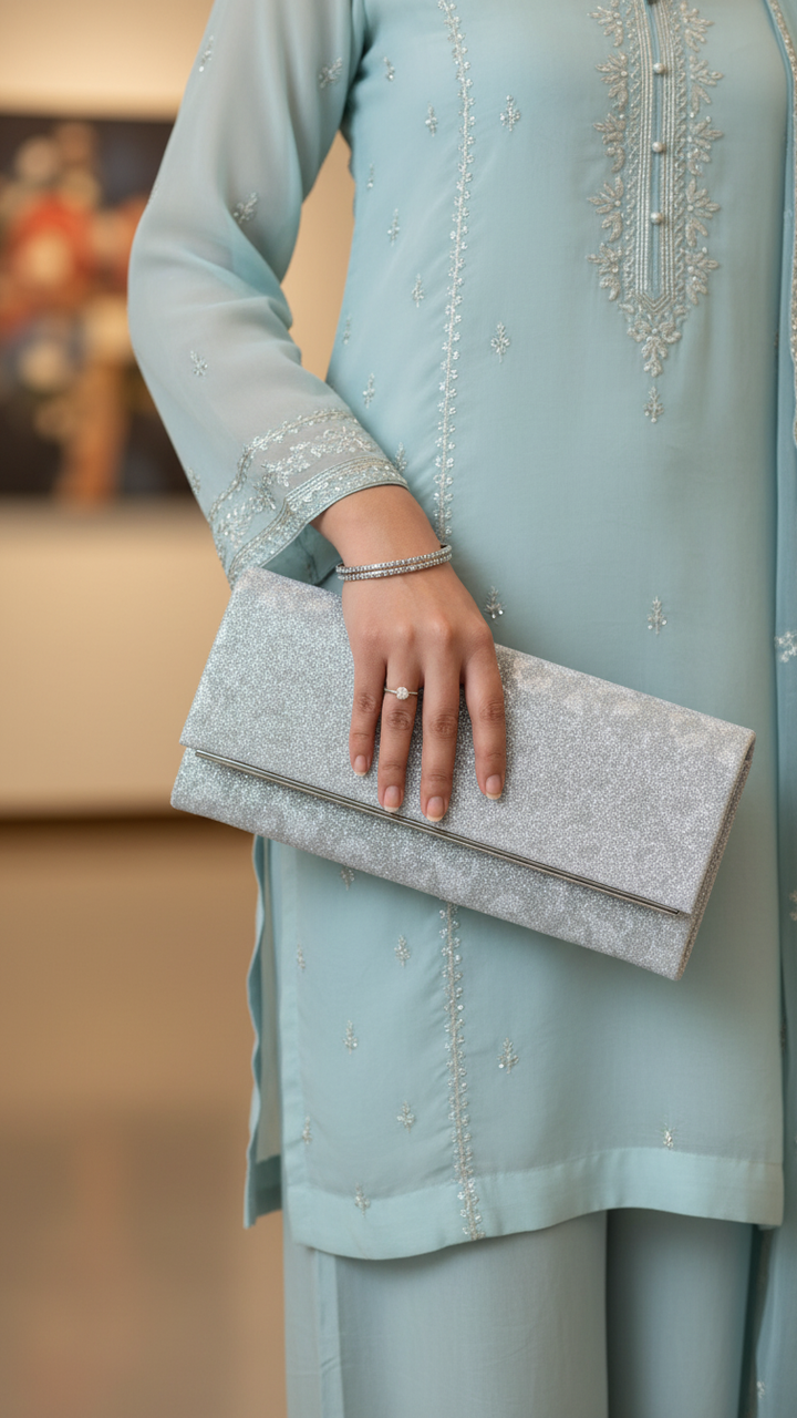 Silver Fancy Clutch For Women P24422