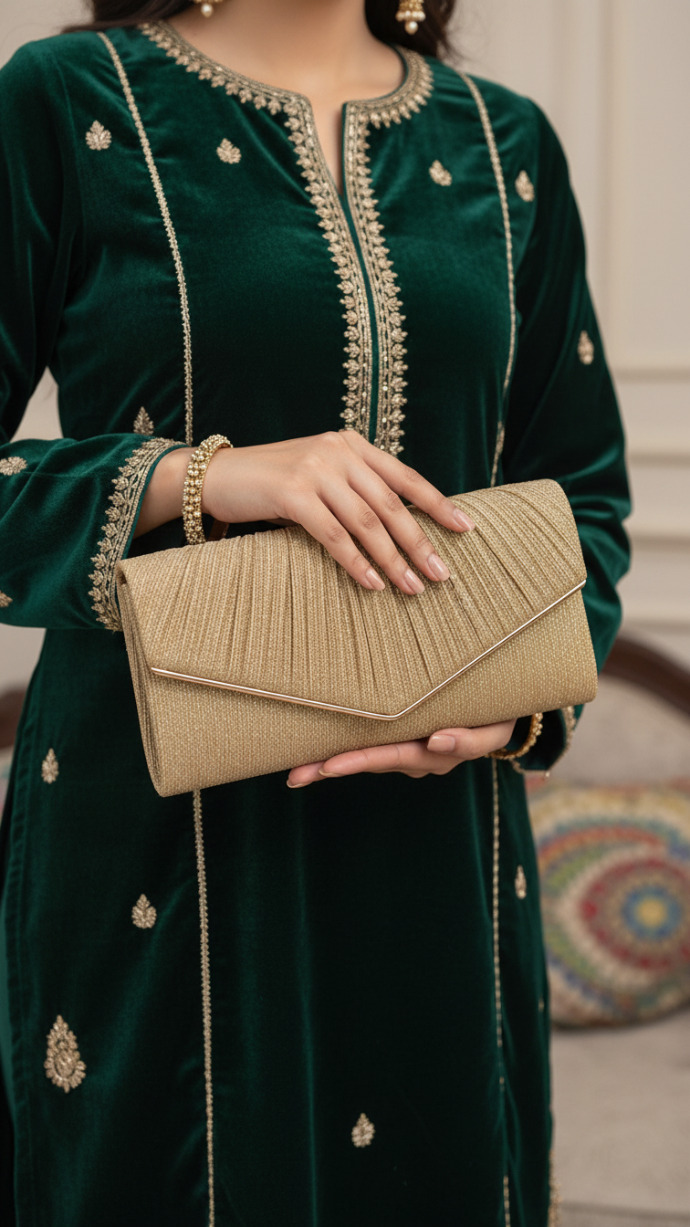 Golden Fancy Clutch For Women P24428