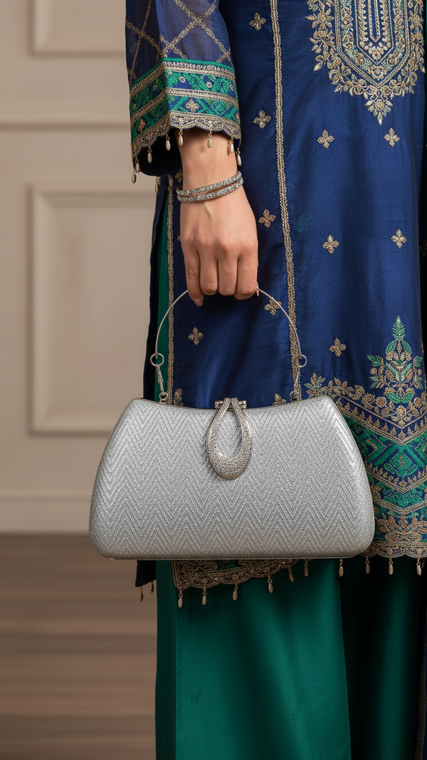 Silver Fancy Clutch For Women P24433