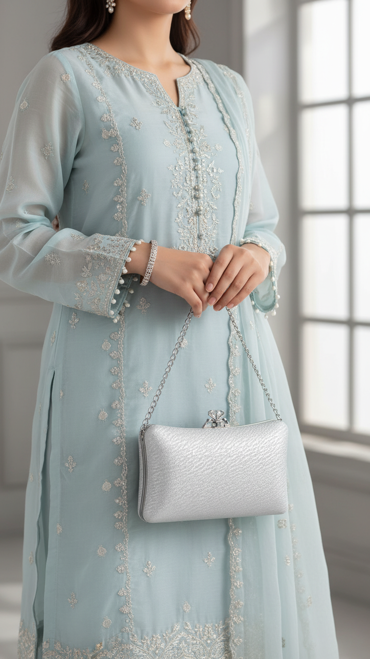 Silver Fancy Clutch For Women P24435