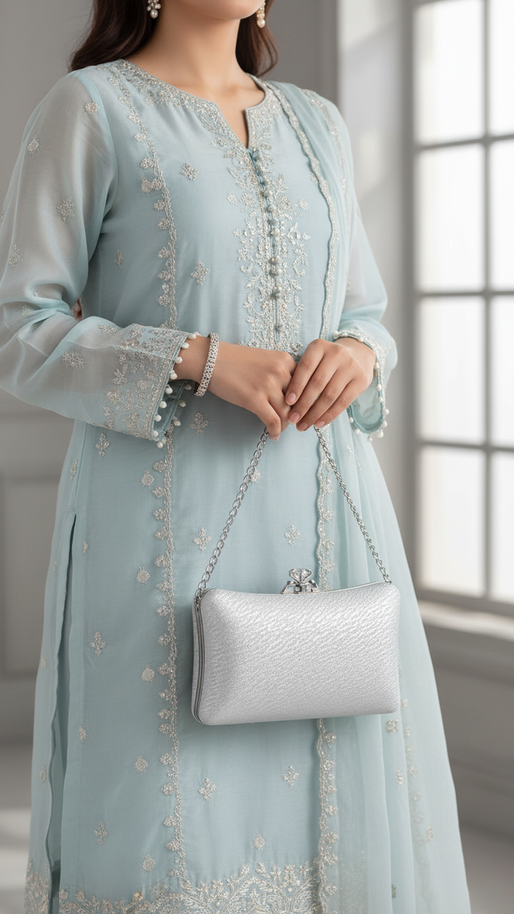 Silver Fancy Clutch For Women P24435