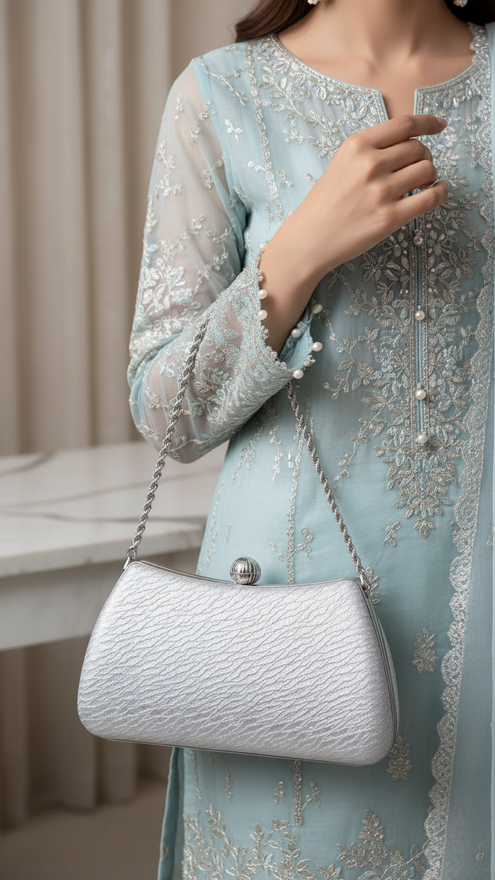 Silver Fancy Clutch For Women P24436