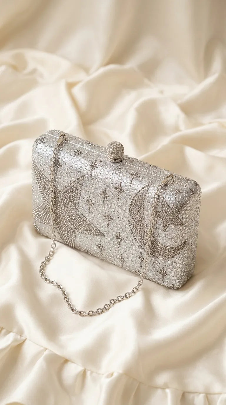 Silver Fancy Clutch For Ladies P24562