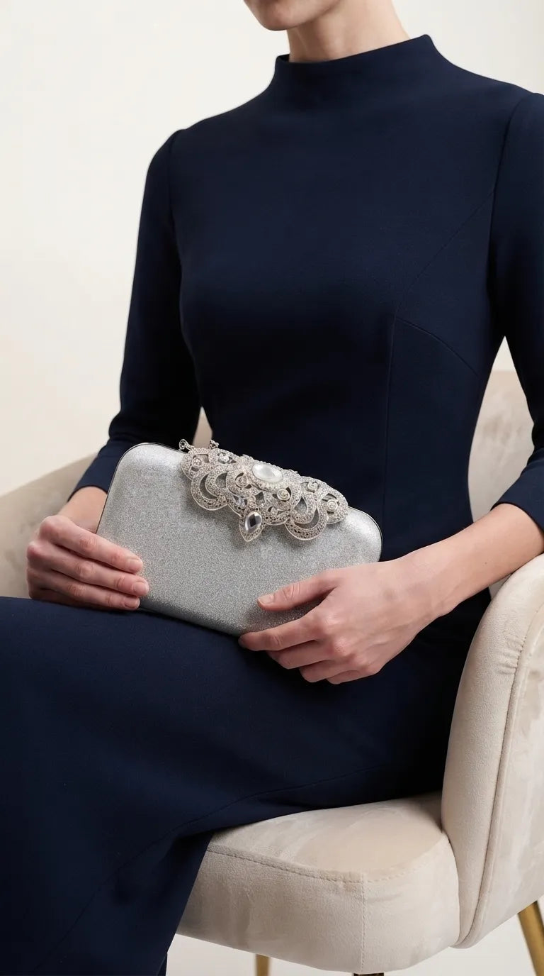 Silver Fancy Clutch For Women P24576