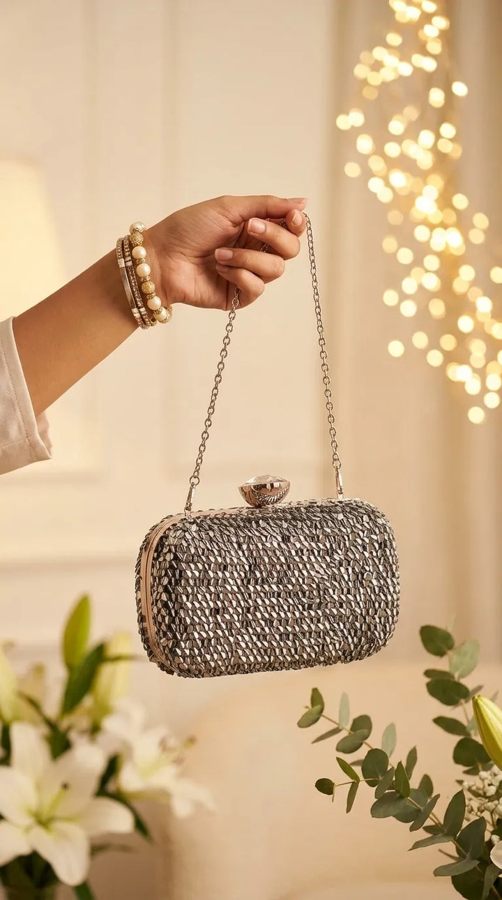 Grey Fancy Clutch For Ladies P24603