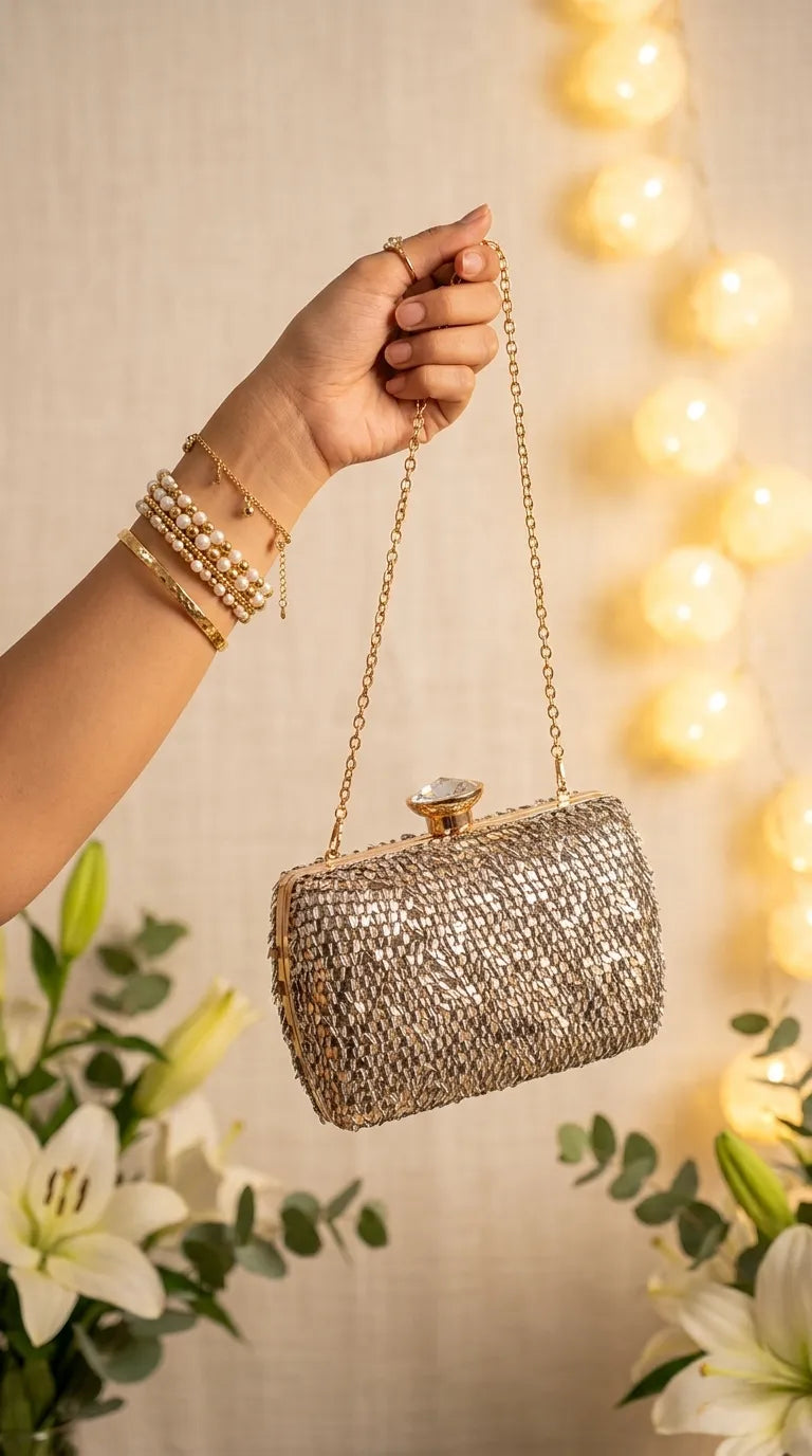 Golden Fancy Clutch For Ladies P24605