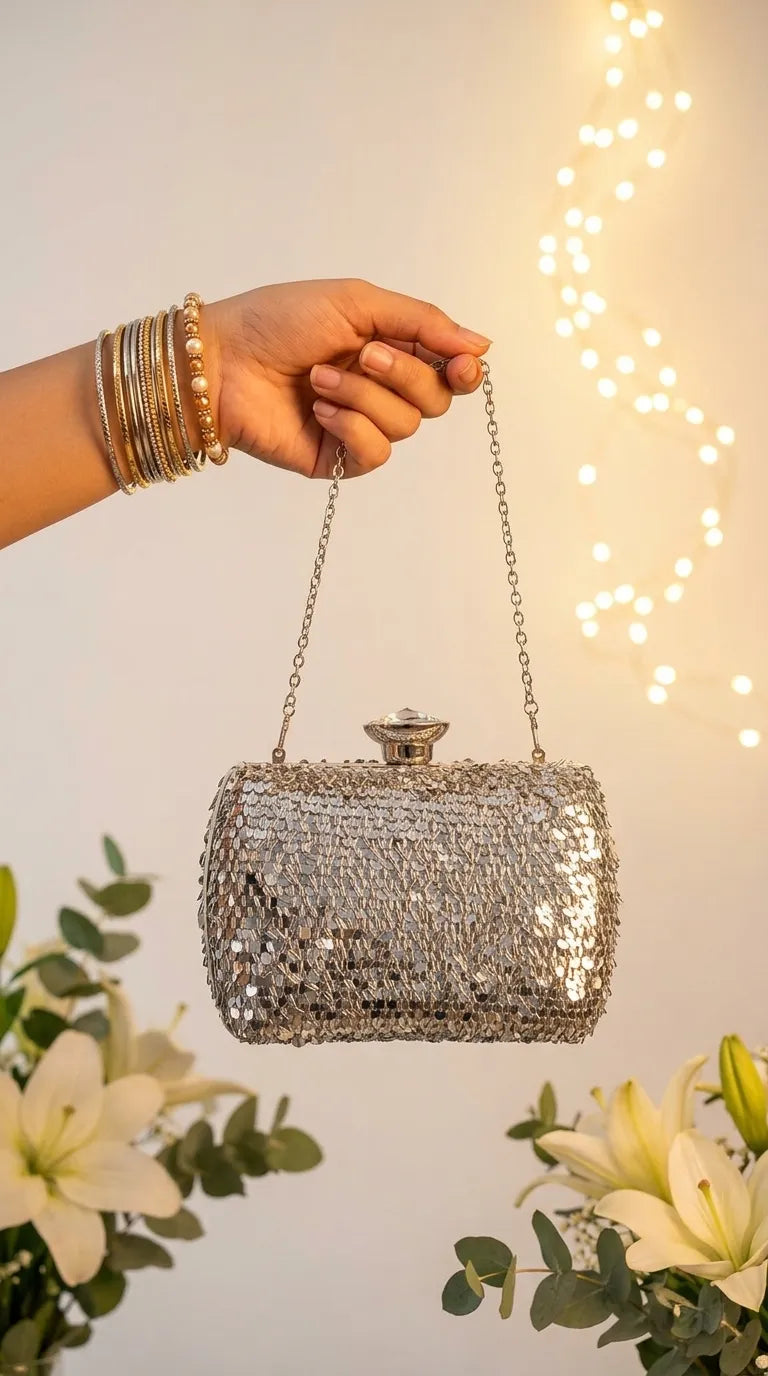 Silver Fancy Clutch For Ladies P24605