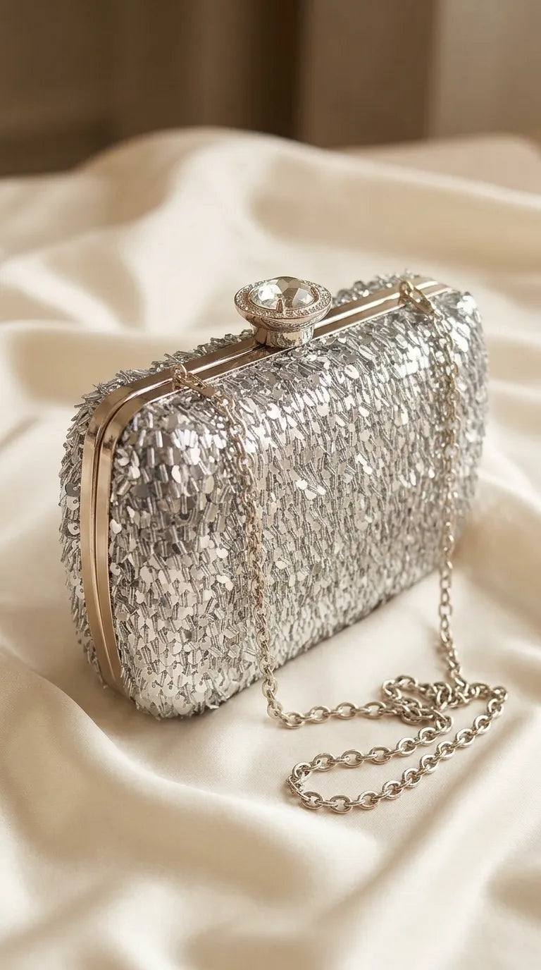 Silver Fancy Clutch For Ladies P24605