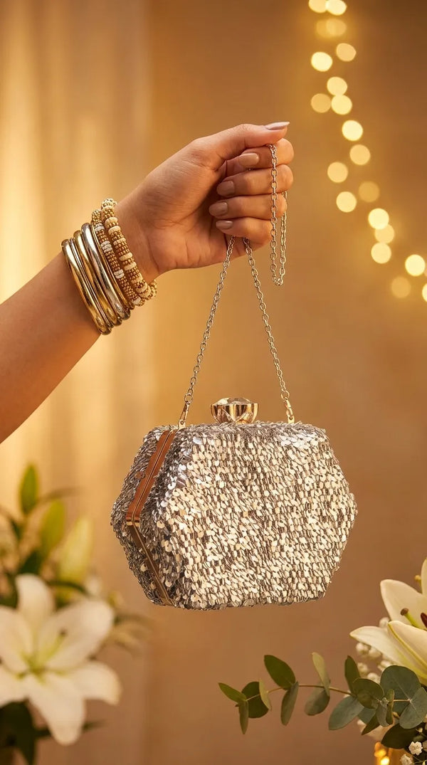 Silver Fancy Clutch For Ladies P24606