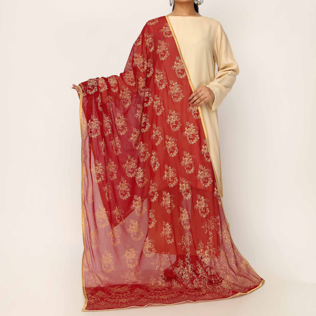 Maroon Screen Printed Chiffon Dupatta PD5386