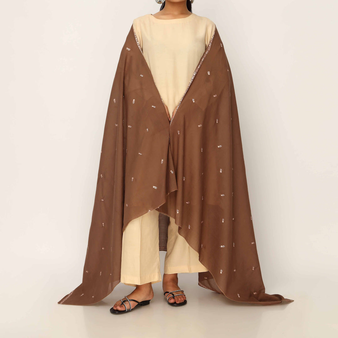 Brown Embroidered Cotton Dupatta PD5476