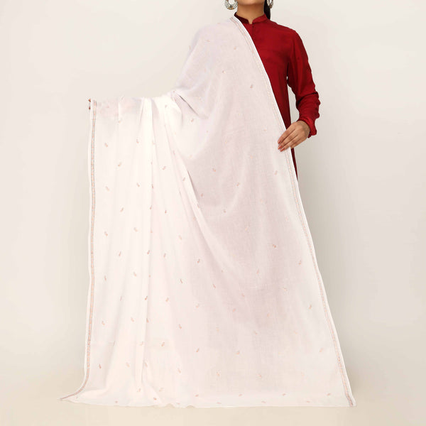White Embroidered Cotton Dupatta PD5476