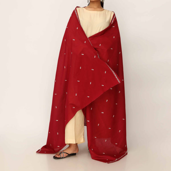Red Embroidered Cotton Dupatta PD5476