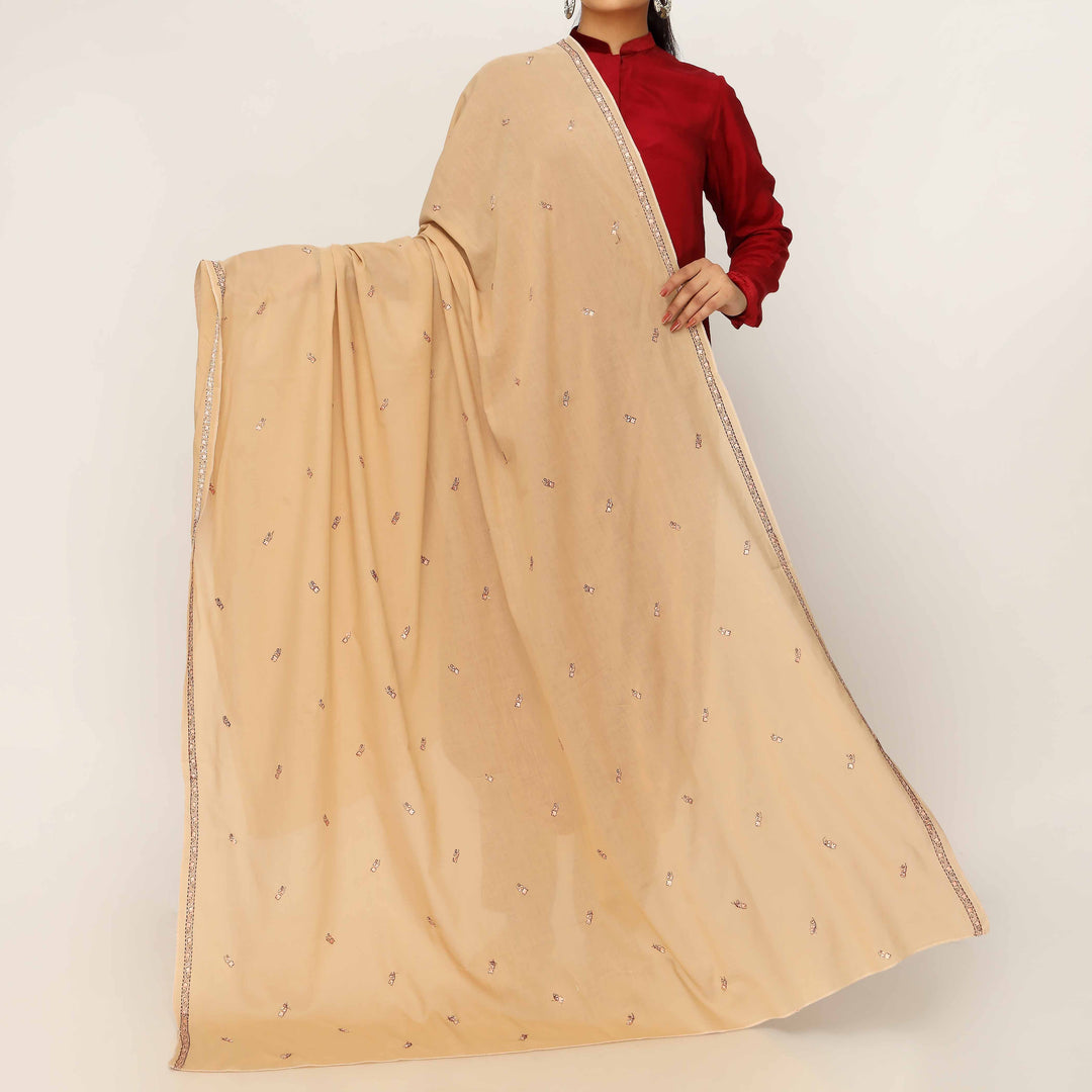 Beige Embroidered Cotton Dupatta PD5476