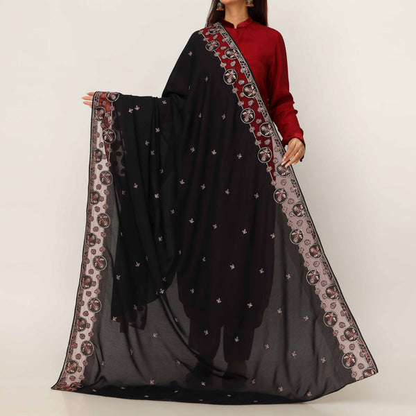 Black Embroidered Cotton Dupatta PD5478