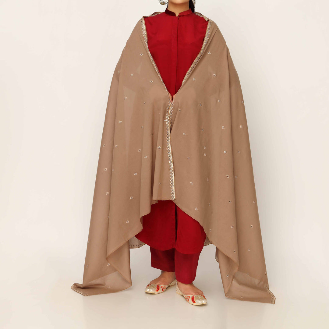 Brown Embroidered Cotton Dupatta PD5479