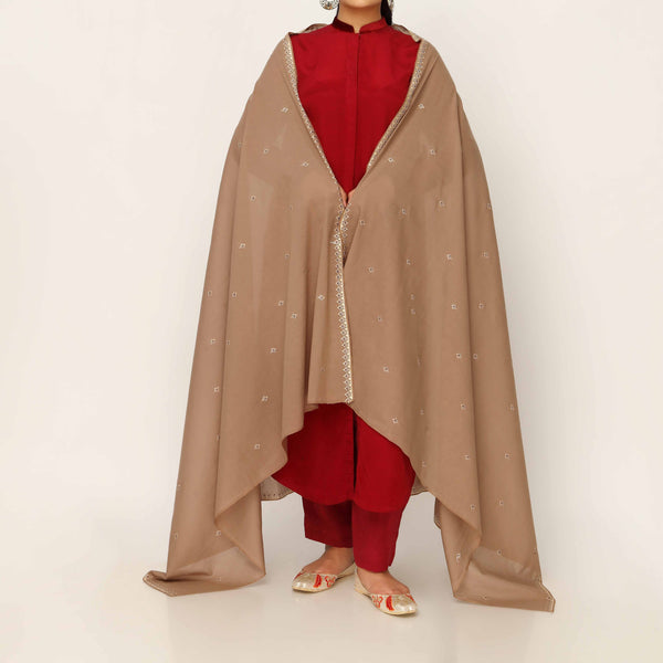 Brown Embroidered Cotton Dupatta PD5479