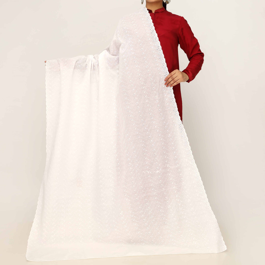 White Embroidered Cotton Dupatta PD5481