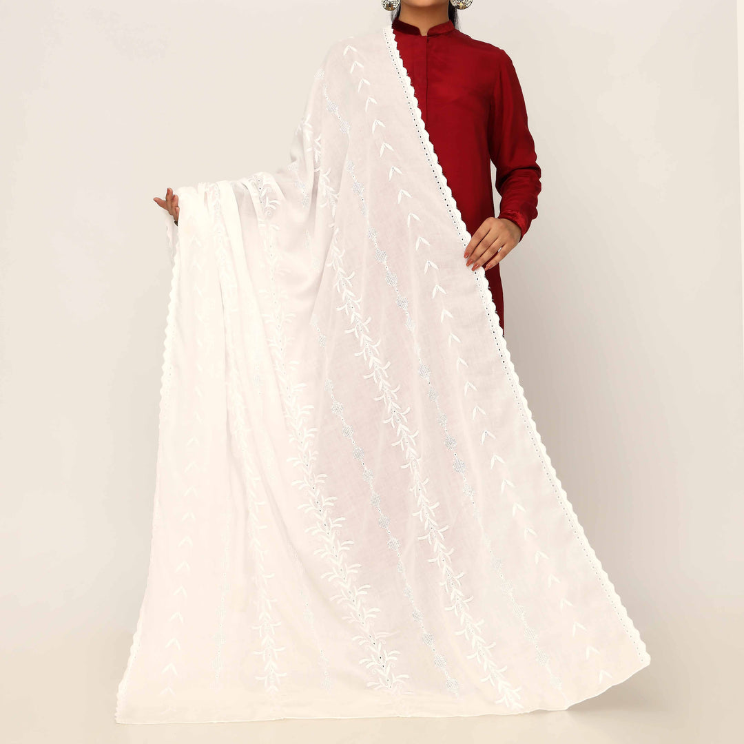 White Embroidered Cotton Dupatta PD5486