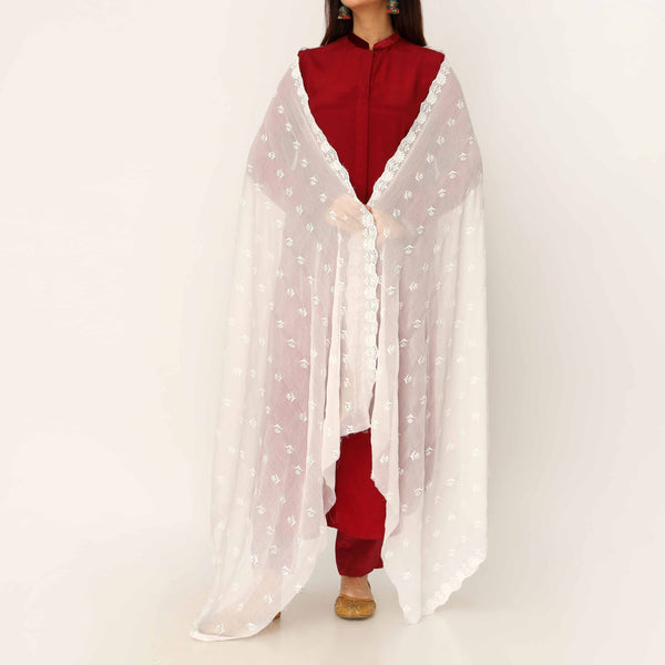 White Embroidered Cotton Dupatta PD5487