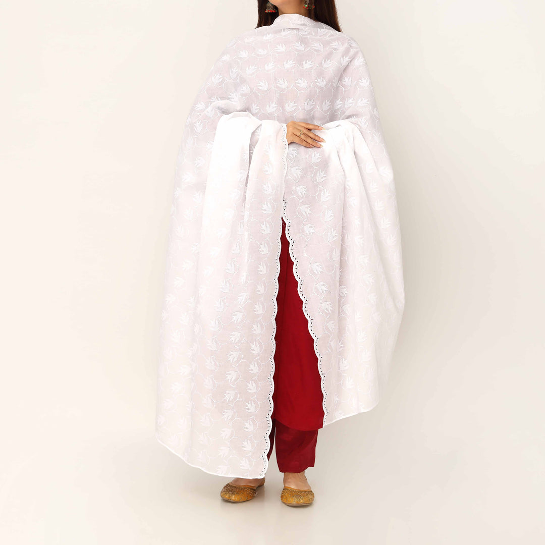 White Embroidered Cotton Dupatta PD5488