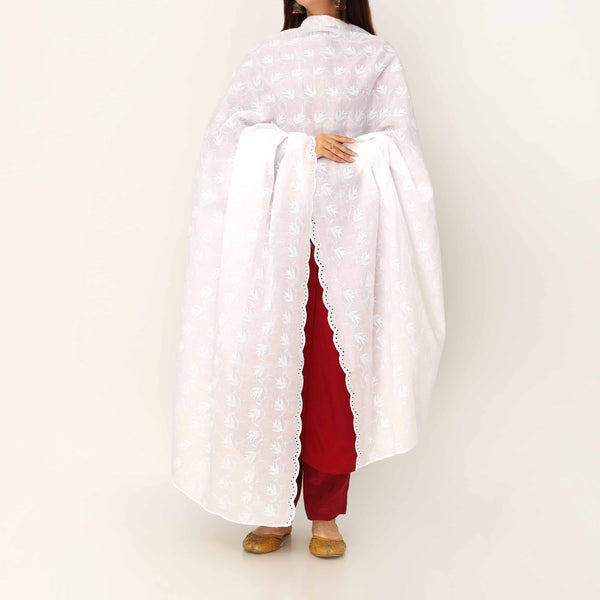 White Embroidered Cotton Dupatta PD5488