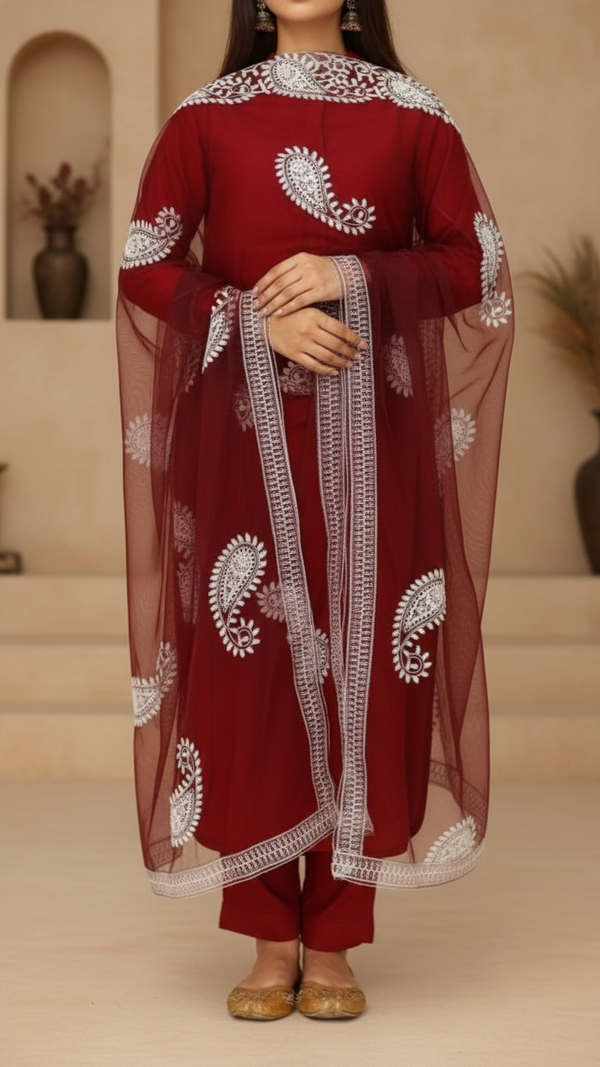 Red Embroidered Cotton Dupatta PD5491