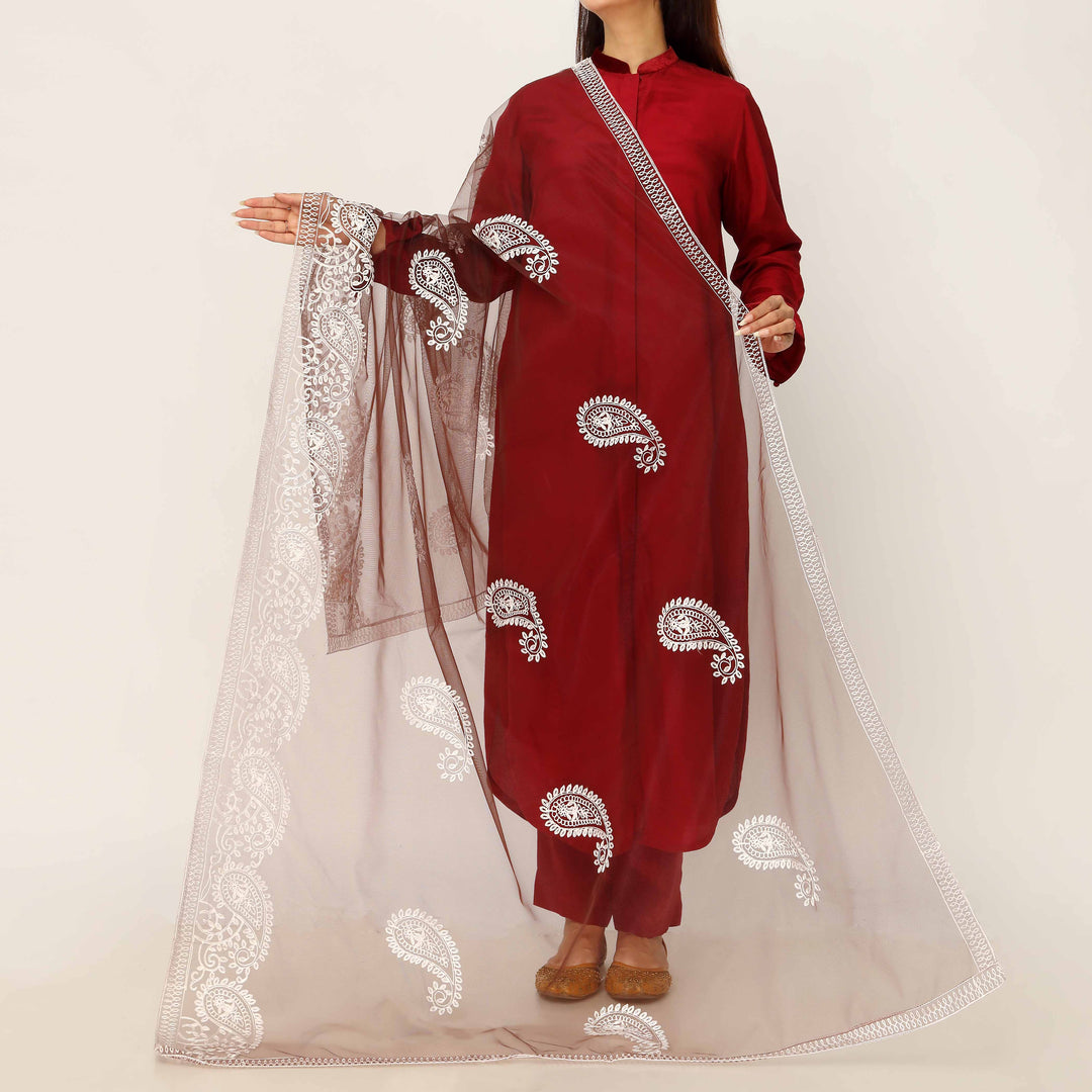 Brown Embroidered Cotton Dupatta PD5491