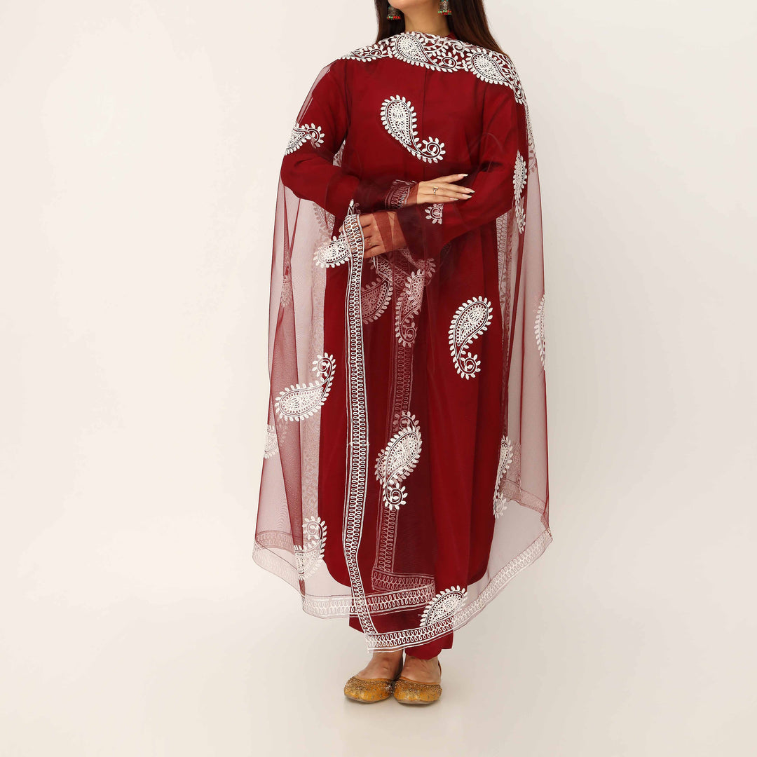 Red Embroidered Cotton Dupatta PD5491