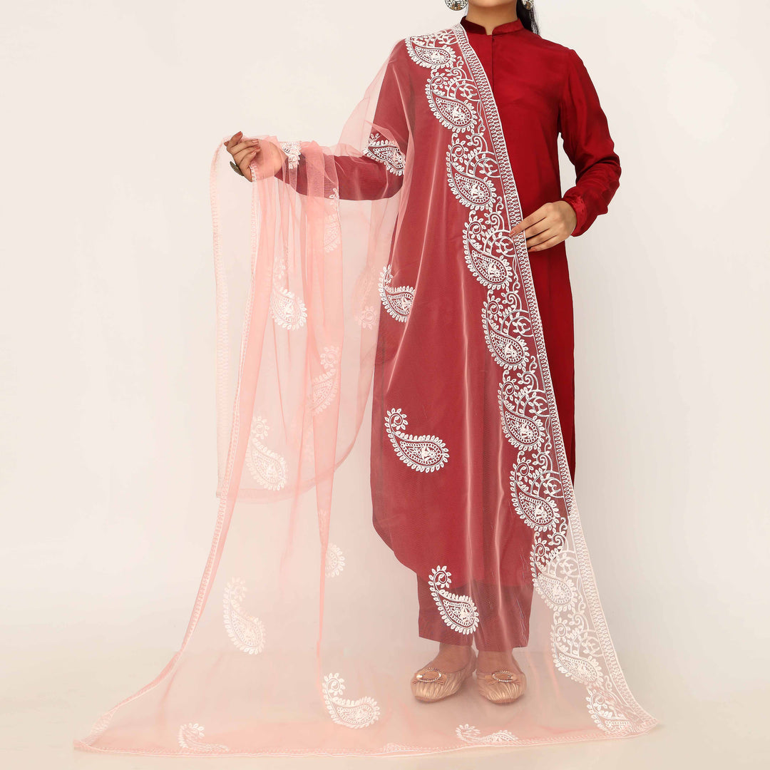 Peach Embroidered Cotton Dupatta PD5491