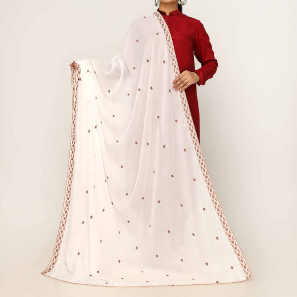 White Embroidered Cotton Dupatta PD5493