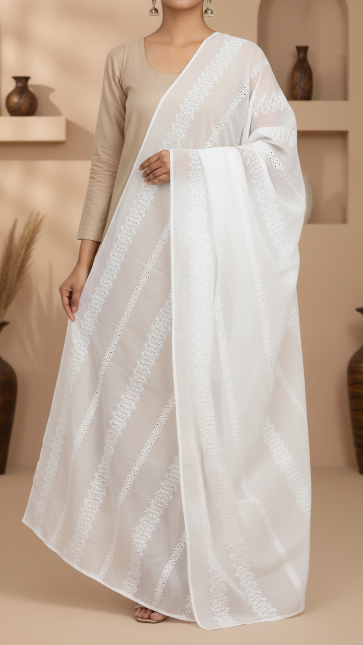 White Embroidered Cotton Dupatta PD5496