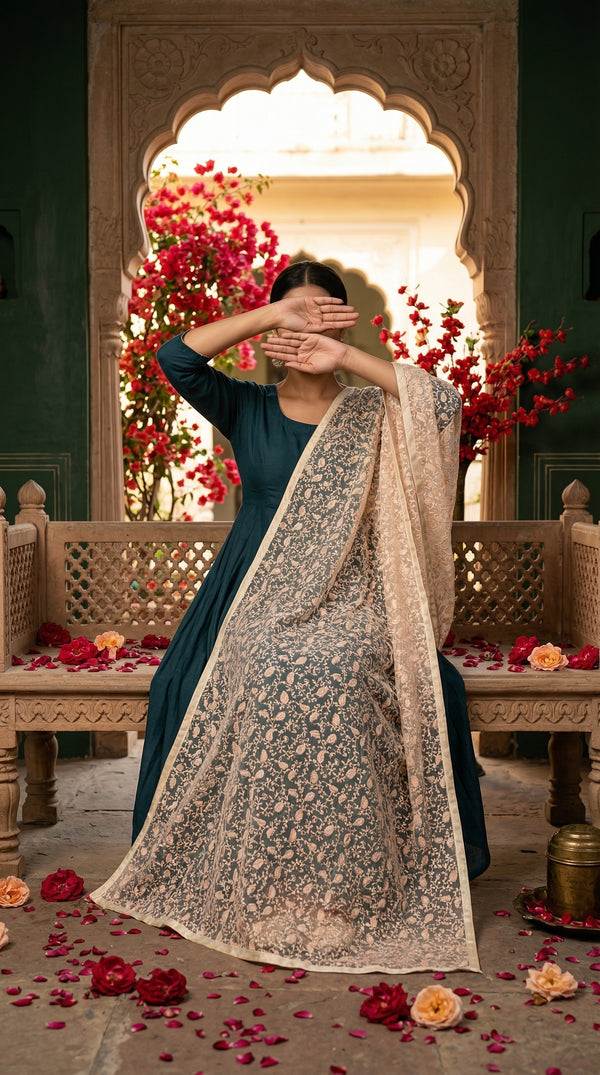 Cream Screen Printed Chiffon Dupatta PD6017