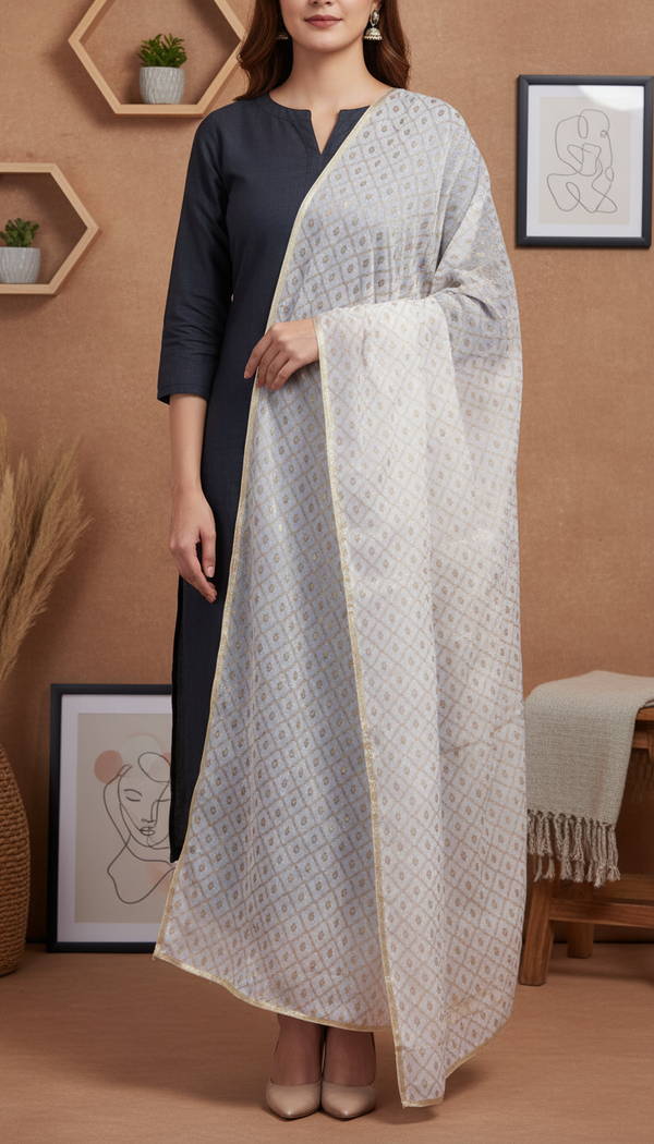 White Screen Printed Chiffon Dupatta PD6018