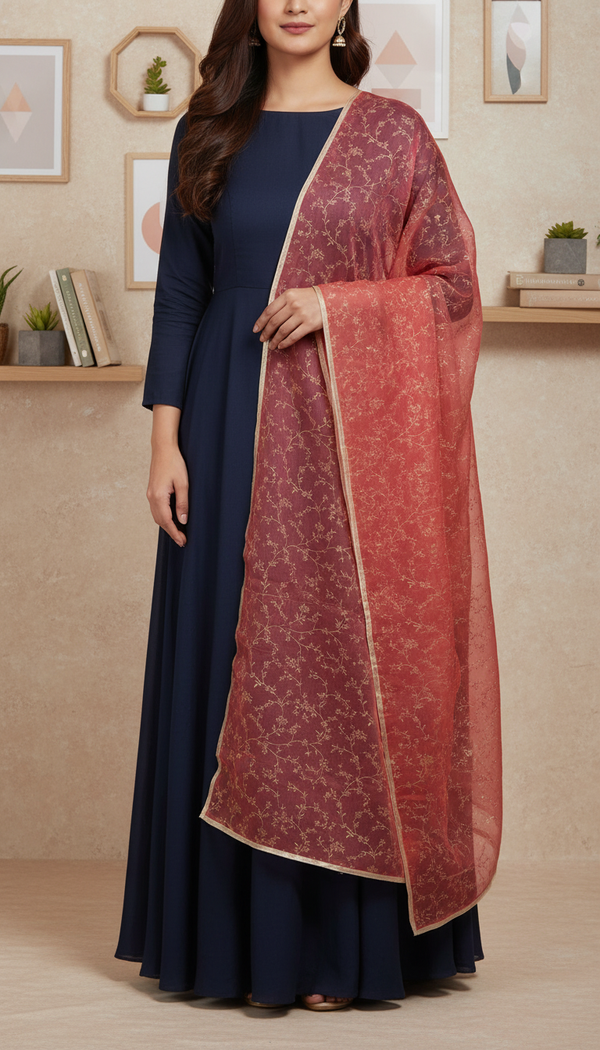 Red Screen Printed Chiffon Dupatta PD6023